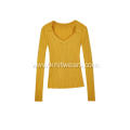 Women's Knitted Polo V-Neck Ribbed Pullover